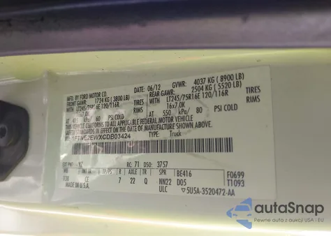 2012 Ford E-250 Commercial z USA, uszkodzony, nr VIN 1FTNE2EWXCDB03424